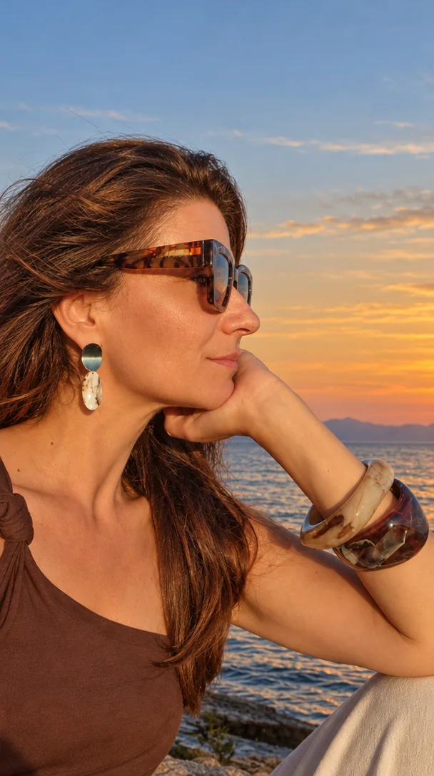 Christina Candianou bei Sonnenuntergang am Meer, mit Sonnenbrille und dem Kinn auf der Hand
