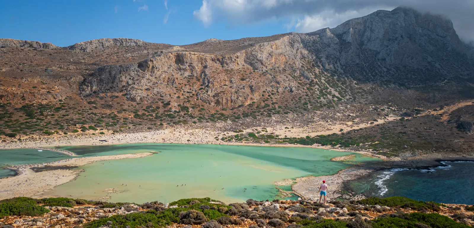 Luftaufnahme der Lagune von Balos auf Kreta mit türkisfarbenem Wasser und weißem Sand